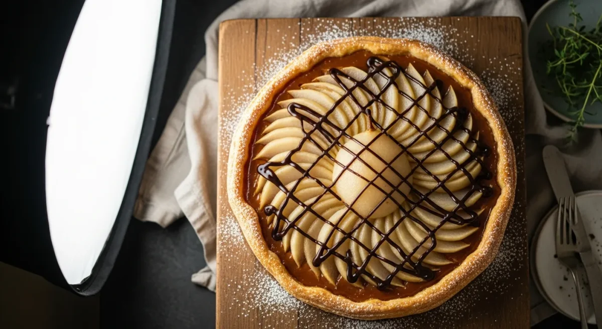 Tarte aux poires, chocolat et caramel : Recette facile