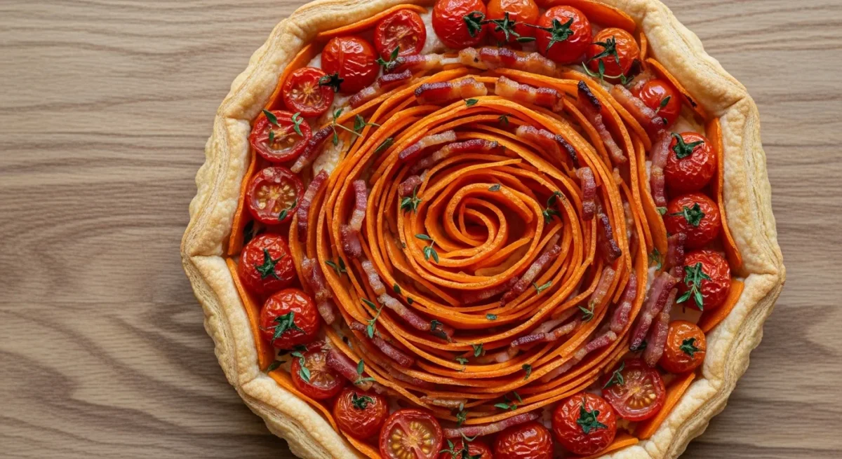 Tarte rosace aux tomates cerises, carottes et bacon