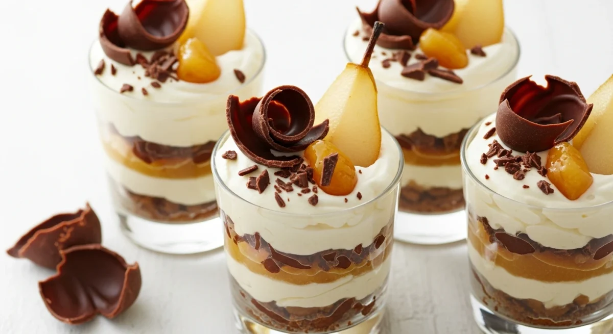 Verrines aux poires, chocolats et crème de marrons