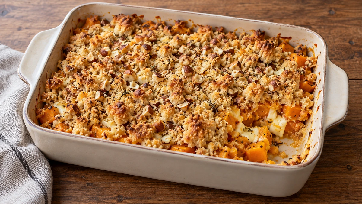Crumble salé de potimarron, chèvre et noisettes