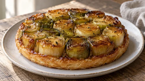 Tarte tatin de poireaux au miel et au thym