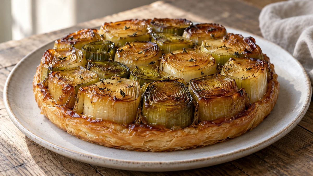 Tarte tatin de poireaux au miel et au thym